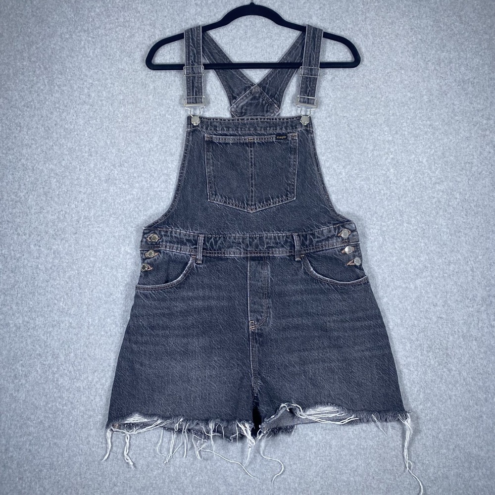 Wrangler Denim Shortalls Womens Medium Black Frayed Hem Bib Overalls